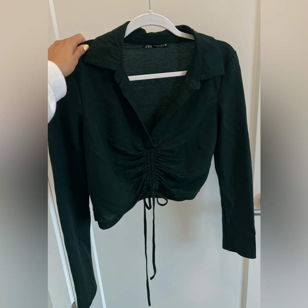 Green Long Sleeve Blouse with Drawstring
